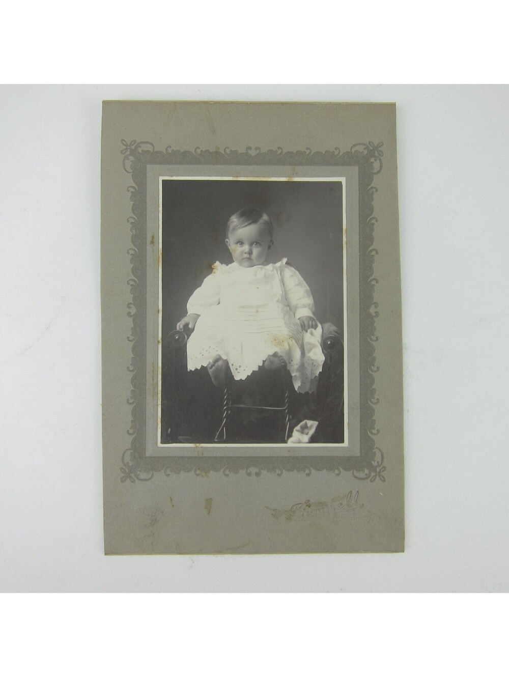 Cabinet Card Photograph Baby in White Sits Chair Finnell Gettysburg Ohio Antique